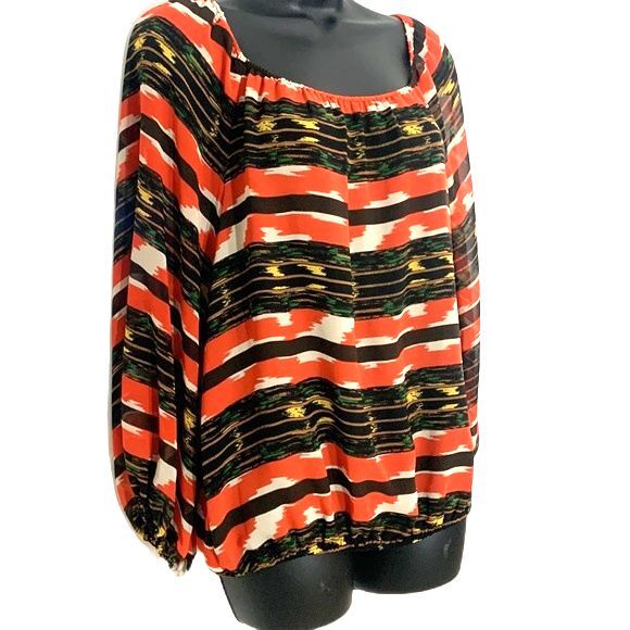 Vince CAMUTO Printed Boho Pattern Off Shoulder Long Sleeve Blouse Brown Medium - Picture 4 of 12